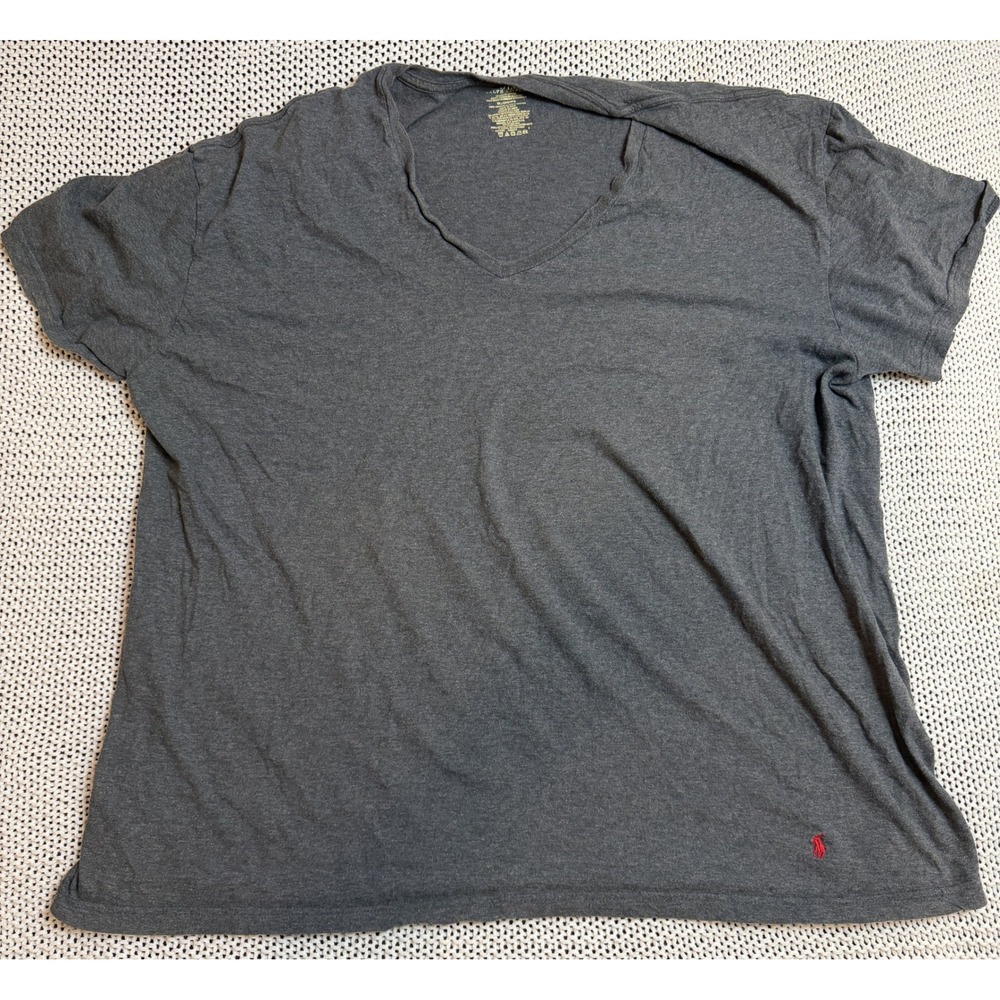 Polo Ralph Lauren Mens 2XL Gray V-Neck Cotton T-Shirt Red Hem Pony Logo